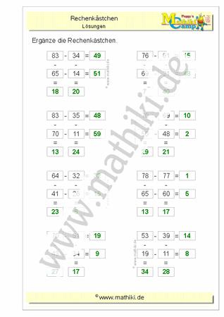 Rechengitter Subtraktion bis 100 - ©2011-2019, www.mathiki.de