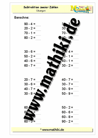 Subtraktion (Z0 − E) bis 100 - ©2011-2016, www.mathiki.de - Ihre Matheseite im Internet