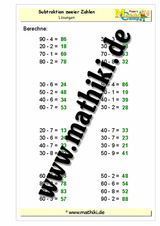 Subtraktion (Z0 − E) bis 100 - ©2011-2016, www.mathiki.de - Ihre Matheseite im Internet