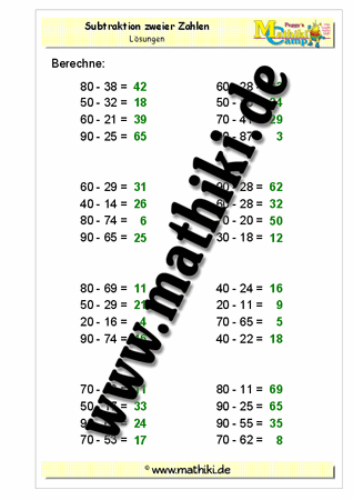 Subtraktion (Z0 − ZE) bis 100 - ©2011-2016, www.mathiki.de - Ihre Matheseite im Internet