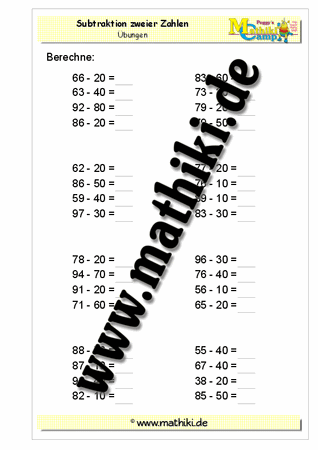 Subtraktion (ZE − Z0) bis 100 - ©2011-2016, www.mathiki.de - Ihre Matheseite im Internet