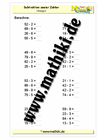 Subtraktion (ZE − E = Z0) bis 100 - ©2011-2016, www.mathiki.de - Ihre Matheseite im Internet