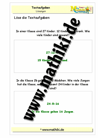 Klasse 2: Textaufgaben zur Addition und Subtraktion - ©2011-2016, www.mathiki.de - Ihre Matheseite im Internet