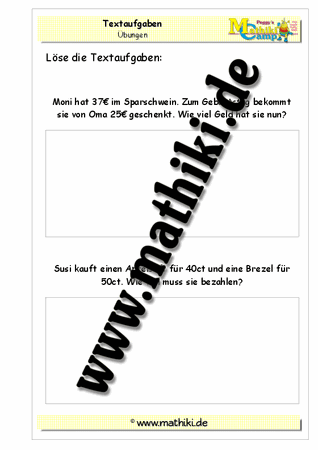 Klasse 2: Textaufgaben zum Rechnen mit Geld - ©2011-2016, www.mathiki.de - Ihre Matheseite im Internet