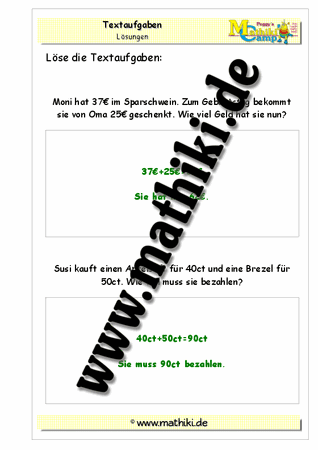 Klasse 2: Textaufgaben zum Rechnen mit Geld - ©2011-2016, www.mathiki.de - Ihre Matheseite im Internet