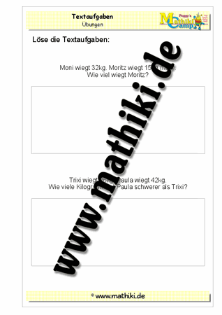 Klasse 2: Textaufgaben zum Rechnen mit Gewichten - ©2011-2016, www.mathiki.de - Ihre Matheseite im Internet