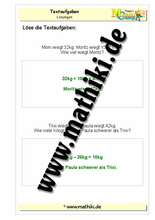 Klasse 2: Textaufgaben zum Rechnen mit Gewichten - ©2011-2016, www.mathiki.de - Ihre Matheseite im Internet