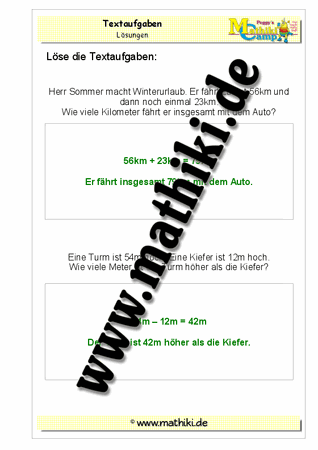 Klasse 2: Textaufgaben zum Rechnen mit Längen - ©2011-2016, www.mathiki.de - Ihre Matheseite im Internet