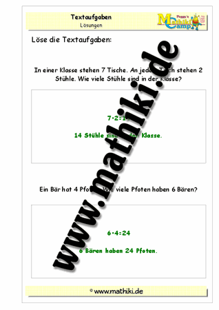 Klasse 2: Textaufgaben zur Multiplikation - ©2011-2016, www.mathiki.de - Ihre Matheseite im Internet