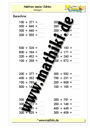 Addition bis 1000 (III) - ©2011-2018, www.mathiki.de