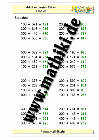 Addition bis 1000 (III) - ©2011-2018, www.mathiki.de