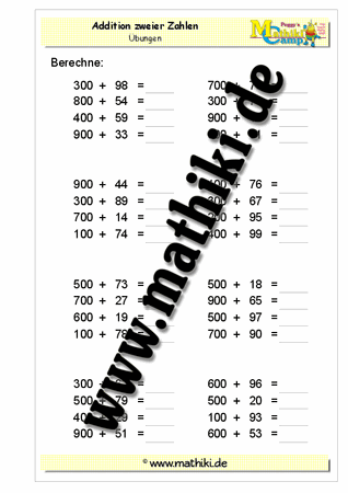 Addition bis 1000 ohne Übergang (II) - ©2011-2018, www.mathiki.de