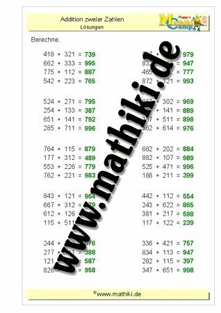 Addition bis 1000 ohne Übergang (XI) - ©2011-2018, www.mathiki.de