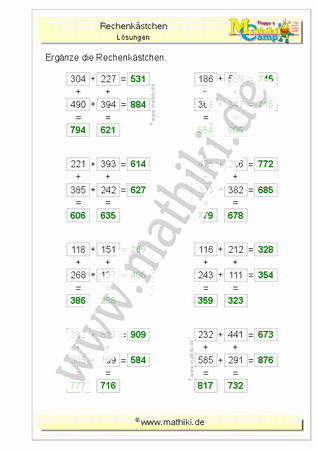 Rechengitter Addition bis 1000 (III) (Klasse 3) - ©2011-2020, www.mathiki.de