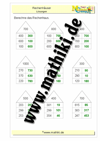 Rechenhäuser bis 1000 (I) - ©2011-2018, www.mathiki.de
