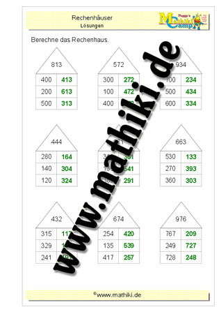Rechenhäuser bis 1000 (III) - ©2011-2018, www.mathiki.de