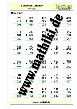 Schriftliche Addition bis 1000 (V) - ©2011-2018, www.mathiki.de