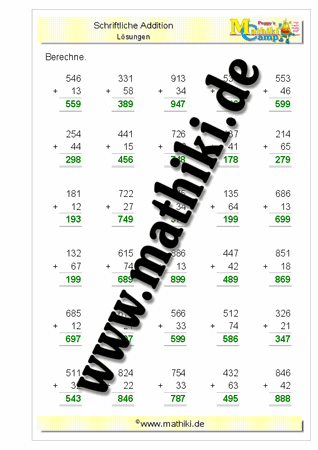 Schriftliche Addition bis 1000 ohne Übergang (II) - ©2011-2018, www.mathiki.de