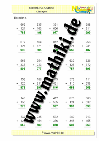 Schriftliche Addition bis 1000 ohne Übergang (IV) - ©2011-2018, www.mathiki.de