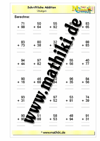 Schriftliche Addition bis 200 mit Übergang - ©2011-2018, www.mathiki.de