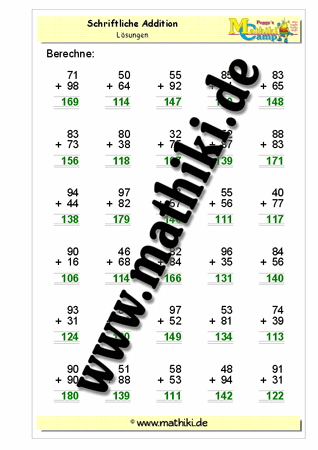 Schriftliche Addition bis 200 mit Übergang - ©2011-2018, www.mathiki.de