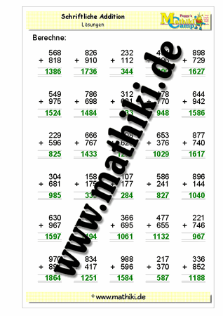 Schriftliche Addition bis 2000 (II) - ©2011-2018, www.mathiki.de
