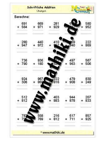 Schriftliche Addition bis 2000 mit Übergang (I) - ©2011-2018, www.mathiki.de