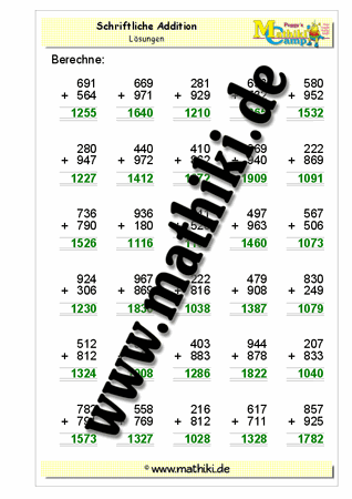 Schriftliche Addition bis 2000 mit Übergang (I) - ©2011-2018, www.mathiki.de