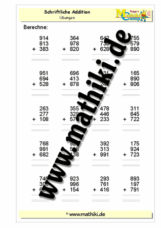 Schriftliche Addition bis 3000 - ©2011-2018, www.mathiki.de