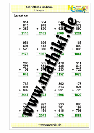 Schriftliche Addition bis 3000 - ©2011-2018, www.mathiki.de