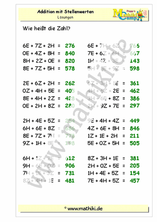Stellenwert Addition bis 1000 (Klasse 3) - ©2011-2019, www.mathiki.de