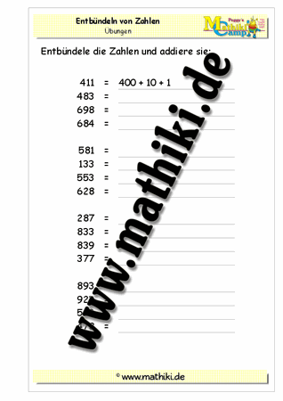 Zahlen entbündeln bis 1000 - ©2011-2018, www.mathiki.de