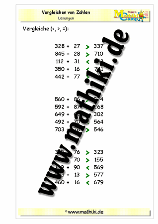 Zahlen vergleichen Addition bis 1000 - ©2011-2018, www.mathiki.de