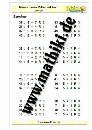 Division durch 5 mit Rest - ©2011-2016, www.mathiki.de - Ihre Matheseite im Internet
