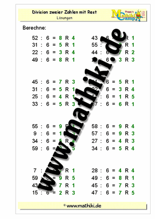 Division durch 6 mit Rest - ©2011-2016, www.mathiki.de - Ihre Matheseite im Internet