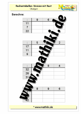 Rechentabellen: Division mit Rest - ©2011-2016, www.mathiki.de - Ihre Matheseite im Internet