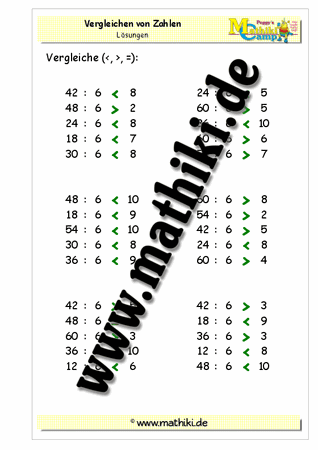Vergleichen der Zahlen mit Division (1x6) - ©2011-2016, www.mathiki.de - Ihre Matheseite im Internet