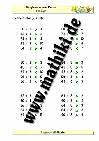Vergleichen der Zahlen mit Division (1x8) - ©2011-2016, www.mathiki.de - Ihre Matheseite im Internet