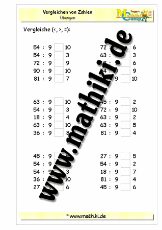 Vergleichen der Zahlen mit Division (1x9) - ©2011-2016, www.mathiki.de - Ihre Matheseite im Internet