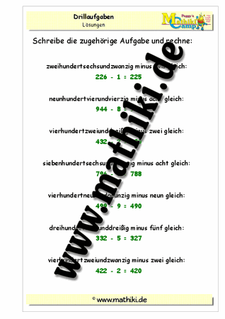 Drillaufgaben: Subtraktion in Worten (HZE − E) gemischt bis 1.000 - ©2011-2016, www.mathiki.de - Ihre Matheseite im Internet