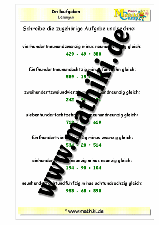 Drillaufgaben: Subtraktion in Worten (HZE − ZE) gemischt bis 1.000 - ©2011-2016, www.mathiki.de - Ihre Matheseite im Internet