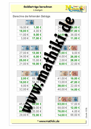 Mit Geld rechnen bis 100€ (I) - ©2011-2019, www.mathiki.de