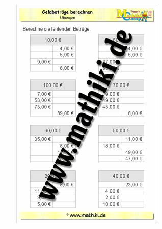 Mit Geld rechnen bis 100€ (II) - ©2011-2019, www.mathiki.de