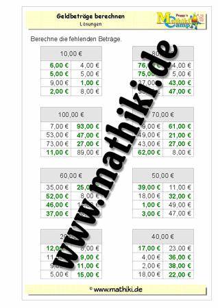 Mit Geld rechnen bis 100€ (II) - ©2011-2019, www.mathiki.de