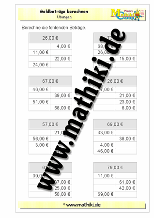 Mit Geld rechnen bis 100€ (IV) - ©2011-2019, www.mathiki.de