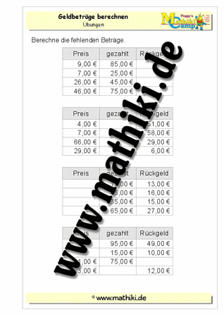 Mit Geld rechnen bis 100€ (VI) - ©2011-2019, www.mathiki.de