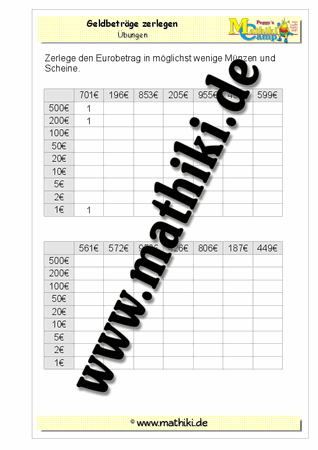 Geld zerlegen bis 1000€ (II) - ©2011-2019, www.mathiki.de