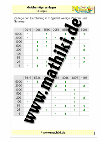 Geld zerlegen bis 1000€ (II) - ©2011-2019, www.mathiki.de