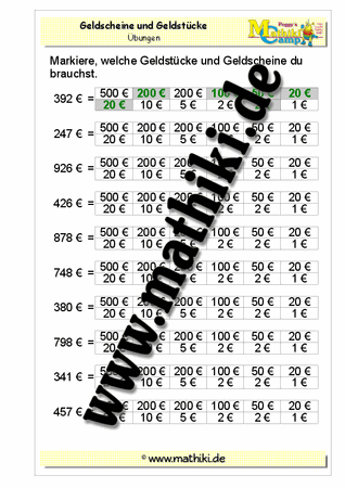 Geld zerlegen bis 1000€ (I) - ©2011-2019, www.mathiki.de