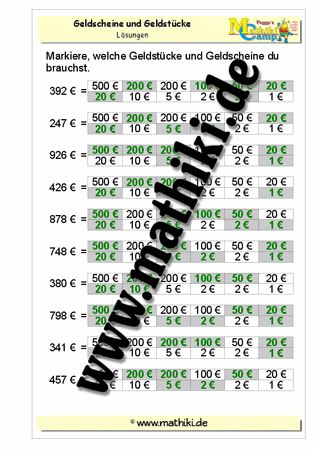 Geld zerlegen bis 1000€ (I) - ©2011-2019, www.mathiki.de